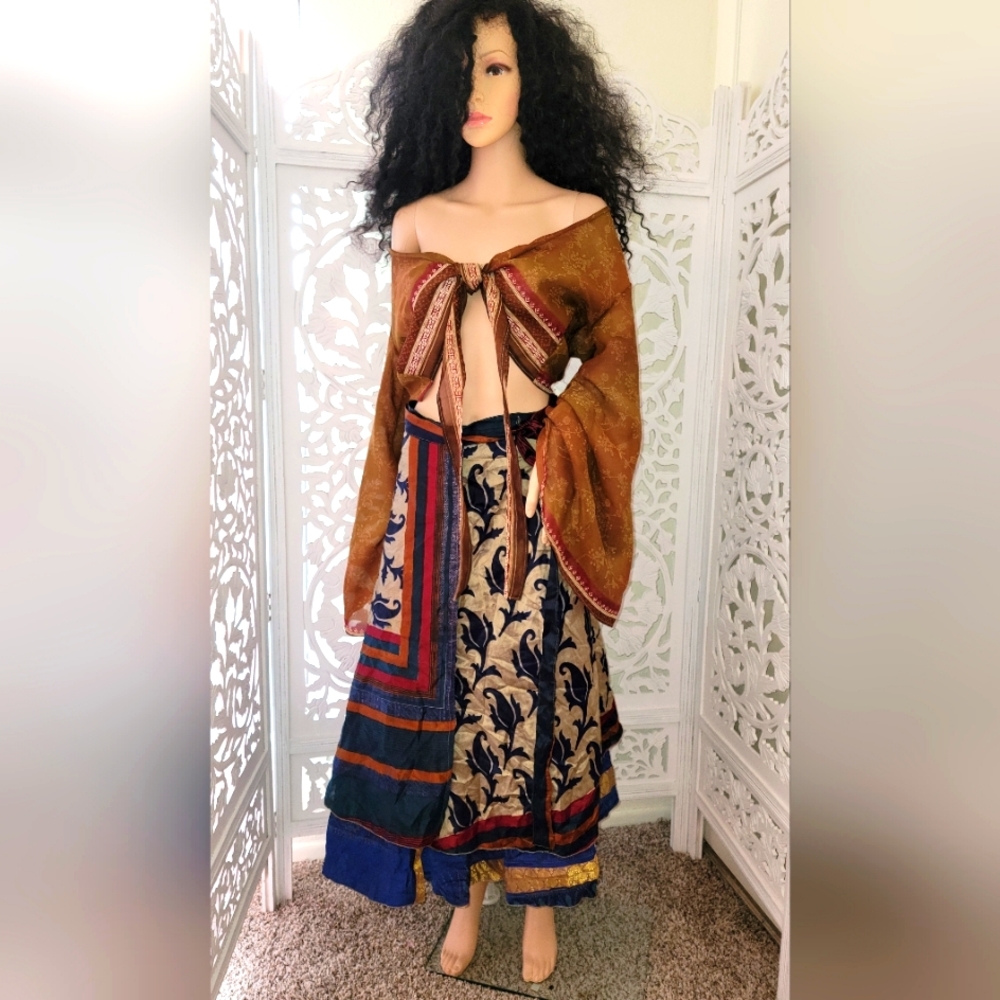 Exotic Boho Silk Blue Multicolor Reversible Wrap Skirt